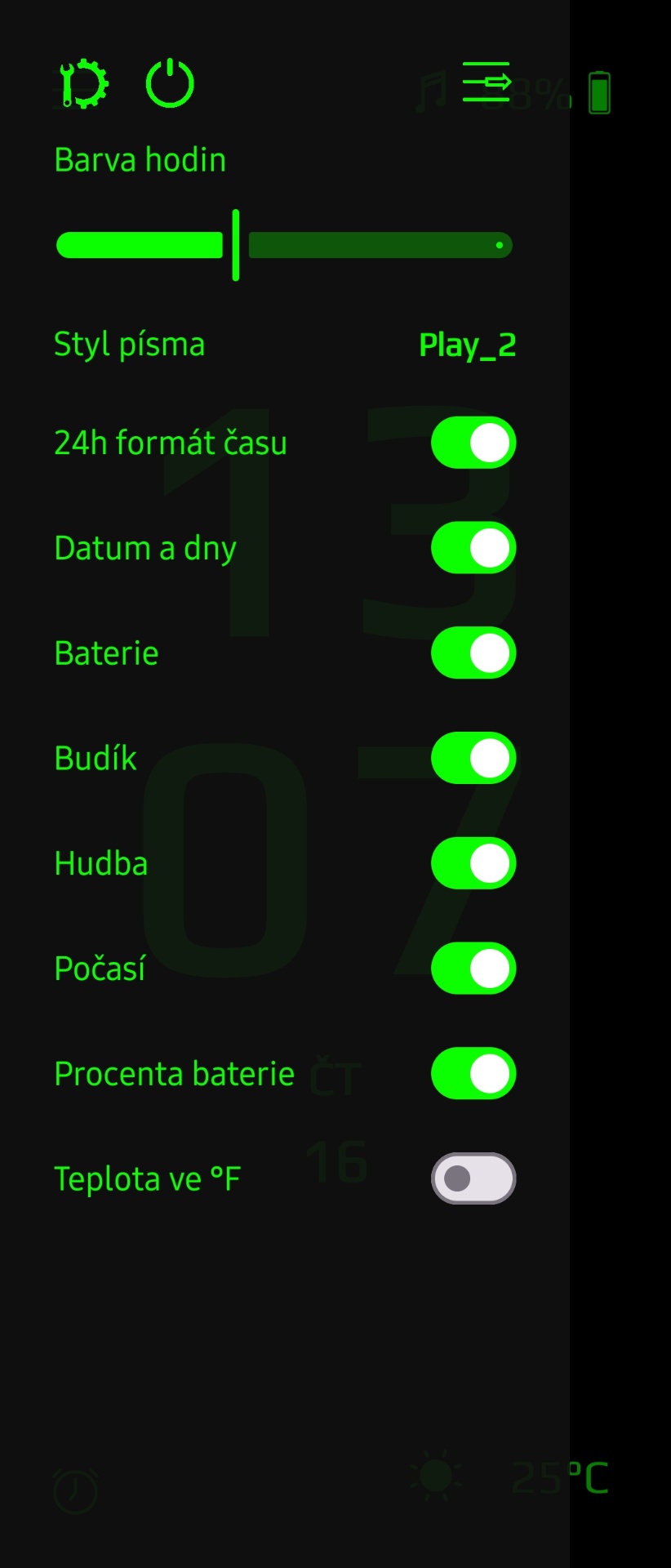 Menu aplikace v režimu na výšku